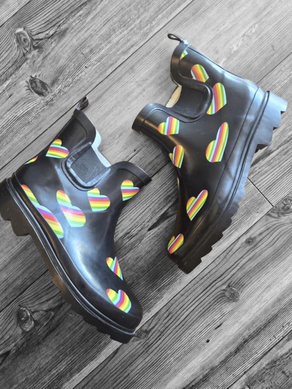 NORTY Black Rain Boots with Rainbow Heart Accents- Size 7